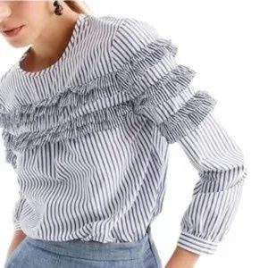 J. Crew Blue and White Stripe Tiered Ruffle Long Sleeve Top Size 00